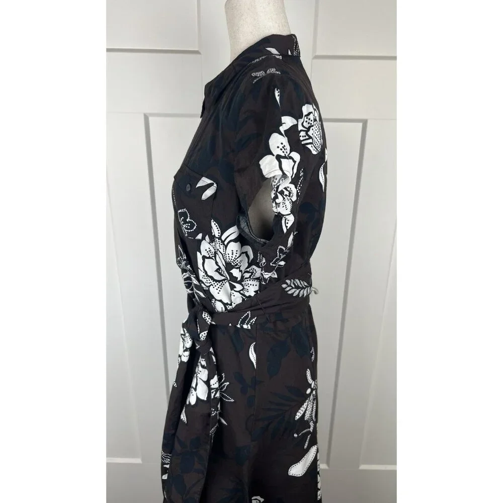 Talbots Fit & Flare Dress 12 Brown Cream Floral Faux Wrap Belted Midi - Picture 4 of 10